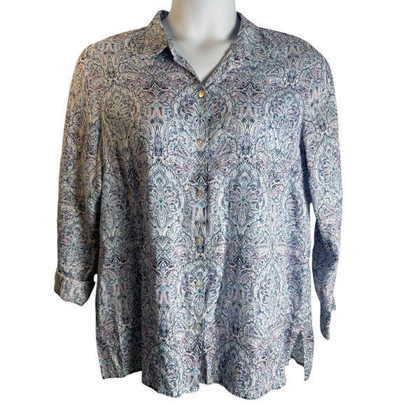 J. Jill Love Linen Blue Purple Paisley Print Essential Button Down Shirt Sz PXL - Picture 1 of 10